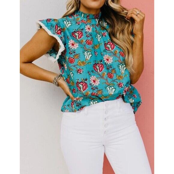 Impressions Womans S Boho Flutter Sleeve Loose Top Cotton Floral Tropical Blue - Picture 1 of 7